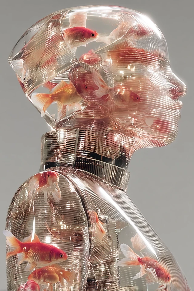 Glass Human with Goldfish Surreal Portrait