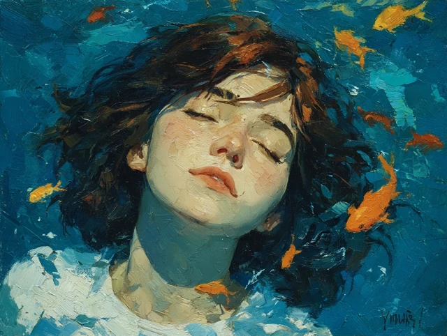 Underwater Serenity Oil Painting of a Girl with Fish