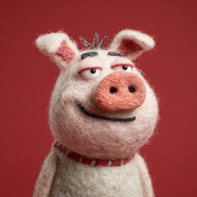 Mischievous Pig Wool Felt Illustration