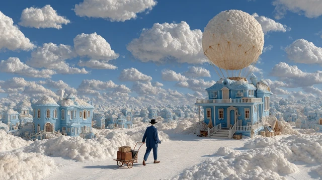 Whimsical Fantasy Man Riding Whale in the Sky