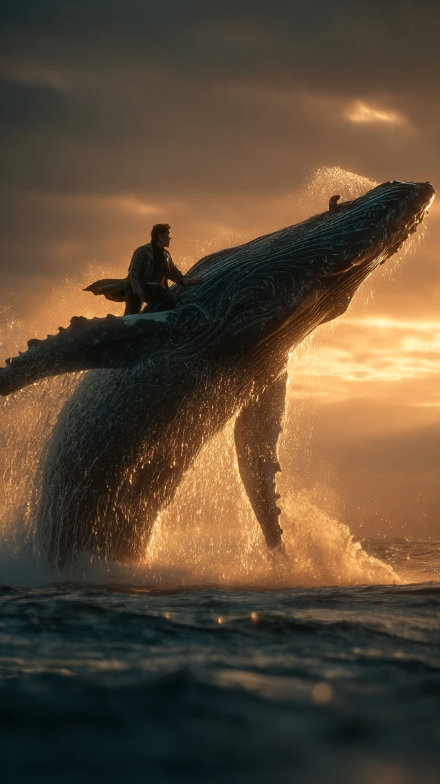 Whale Rider Man Leaping From Ocean Sunset