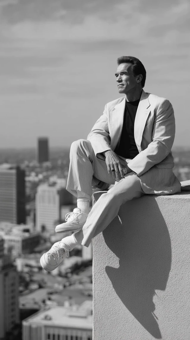 Arnold Schwarzenegger Rooftop Pose Black and White