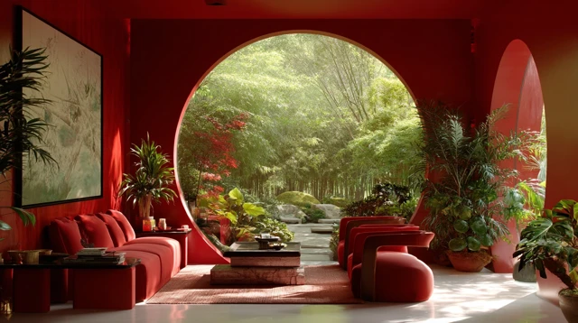 Modern Red Living Room with Lush Foliage View