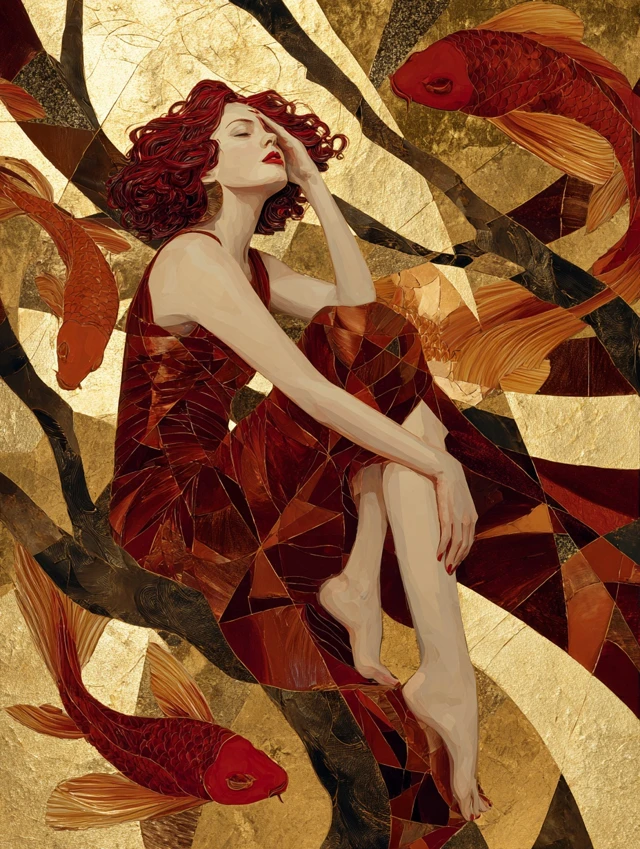 Art Deco Woman with Koi Fish Painting