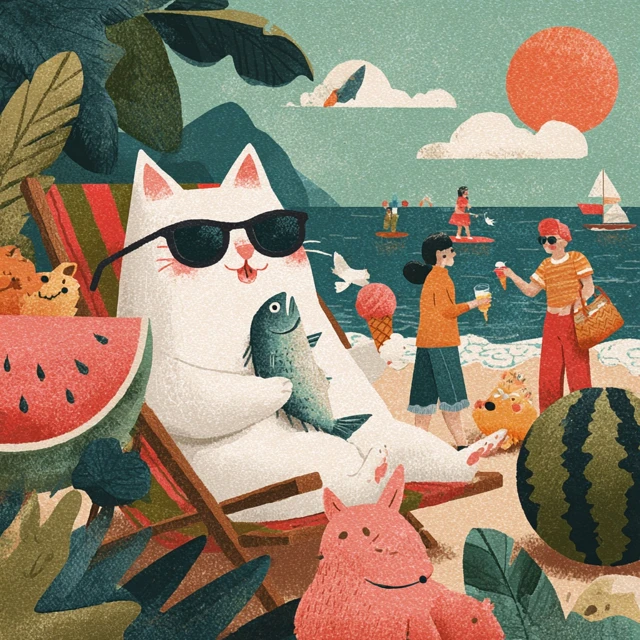 Cool Cat Summer Beach Illustration