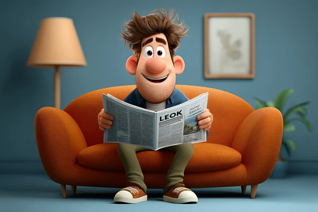 Pixar Illustration Happy Man Reading Newspaper