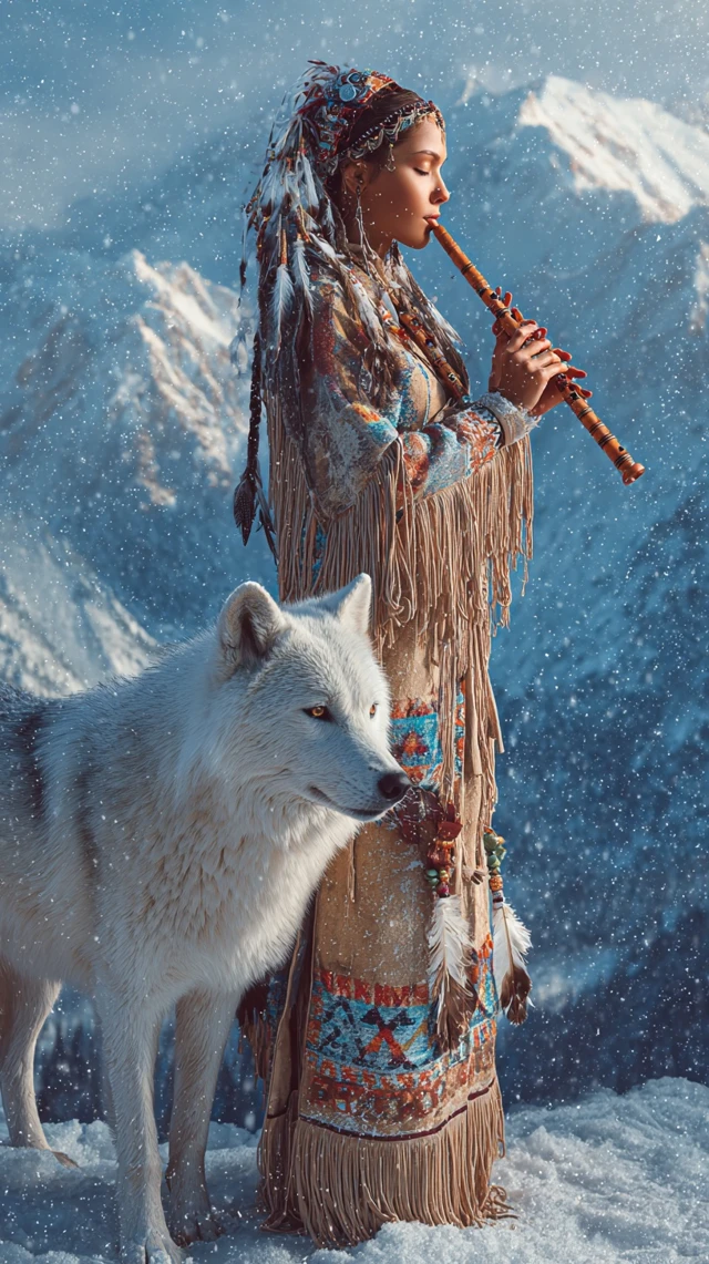 Native American Woman Wolf Snowy Mountains Flute