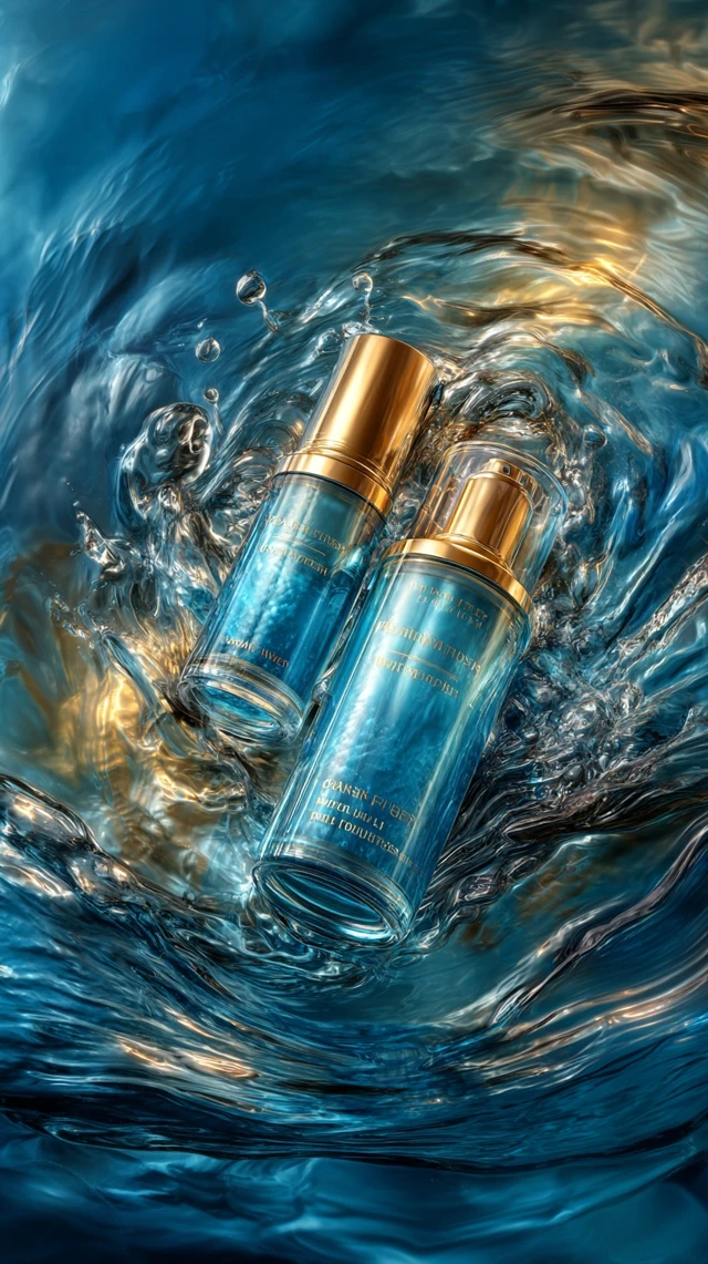 Luxury Skincare Product in Water Waves
