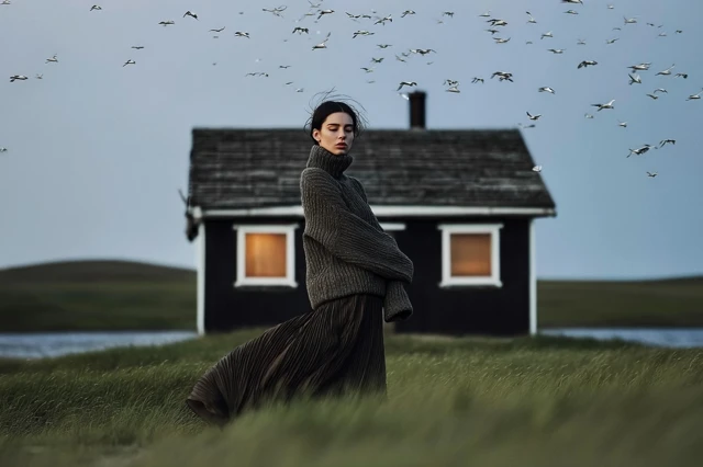 Woman in Sweater Escaping Cabin Dusk Landscape