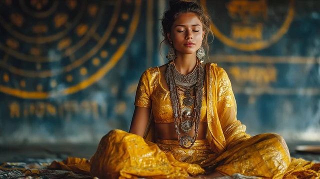 Indian Woman Meditating in Temple: Peaceful Aura