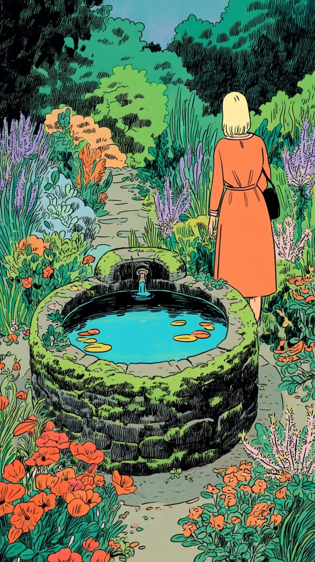 Secret Garden Illustration Girl by Stone Fountain