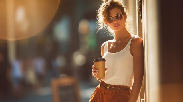 Fashionable Woman with Iced Coffee Summer Outfit