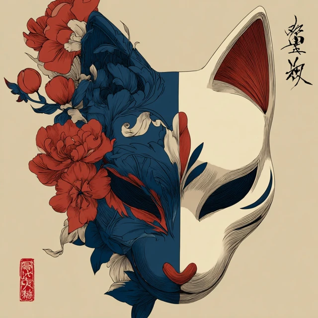 Kitsune Mask Ukiyo e Art Inspired by Shiba Kokan