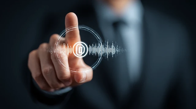 Businessmans Hand Pointing at Voice Recording Icon