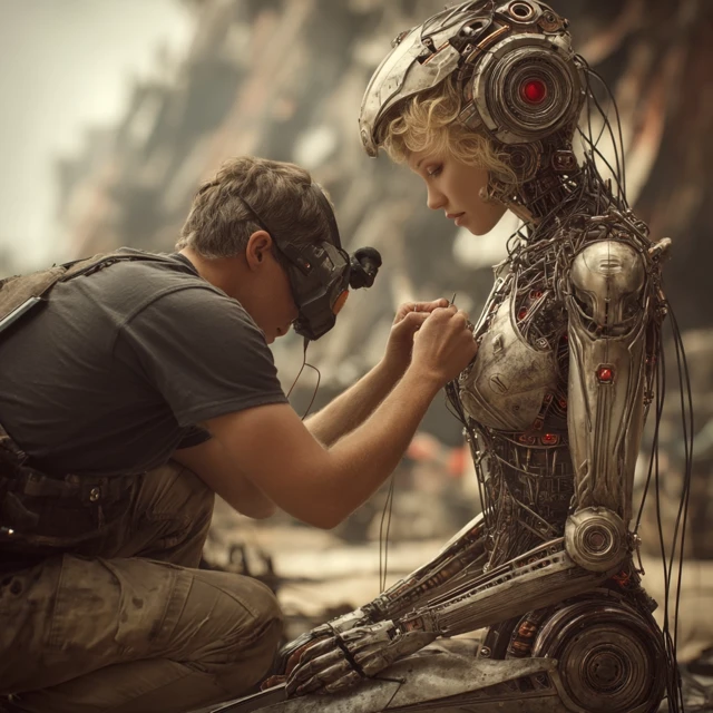 Man Repairing Bionic Woman in Dystopian Scene