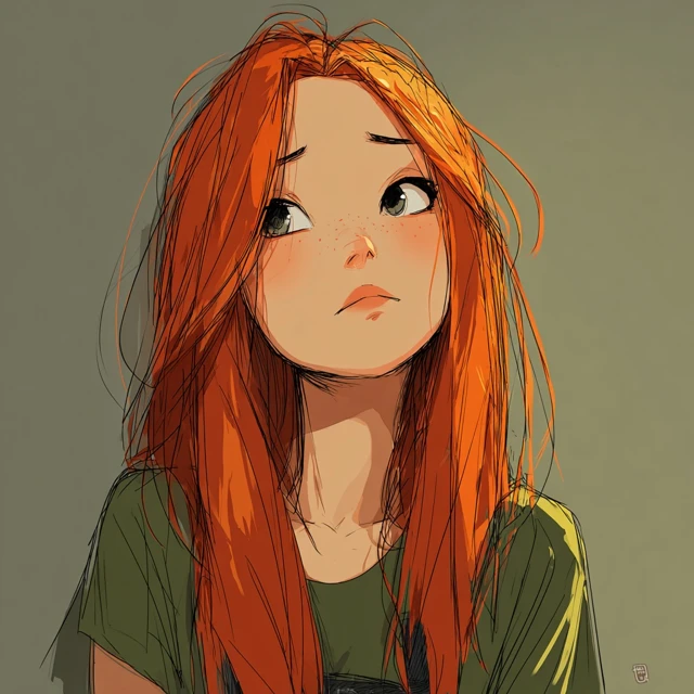 Anime Girl Ginger Hair Sad Expression