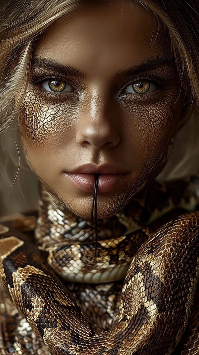 Serpent Queen Portrait Golden Eyes Snake Skin