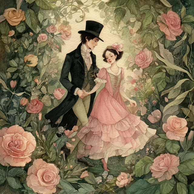 Victorian Couple Watercolor Painting in Rose Garden