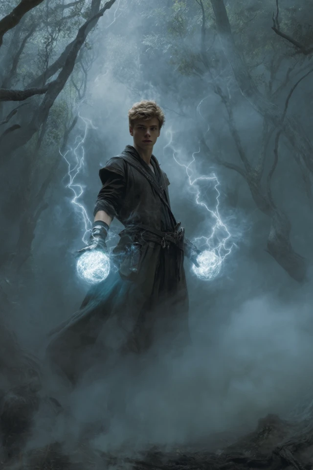 Young Mage in Dark Forest Casting Lightning