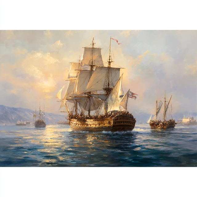 Spanish Ship Sailing at Sunrise Art Inspired by John Berkey