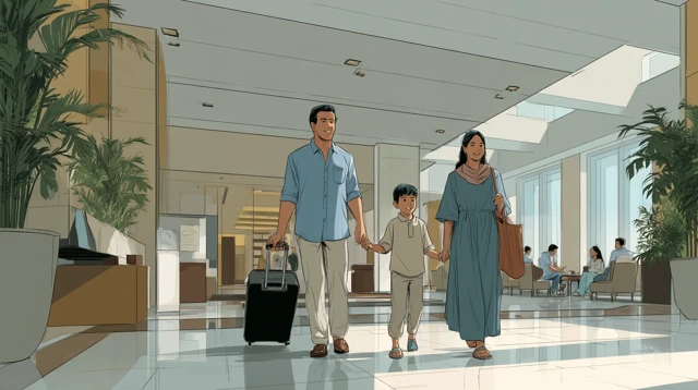 Indonesian Family in Hotel Lobby Illustration