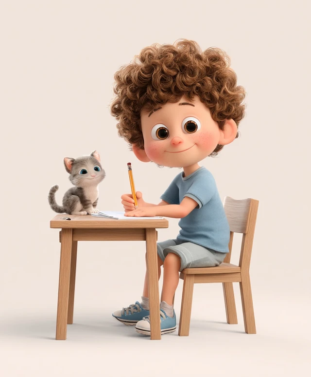 Cute Cartoon Boy with Kitten 3D Illustration