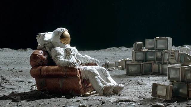 Astronaut Relaxing on the Moon Surrounded by TVs