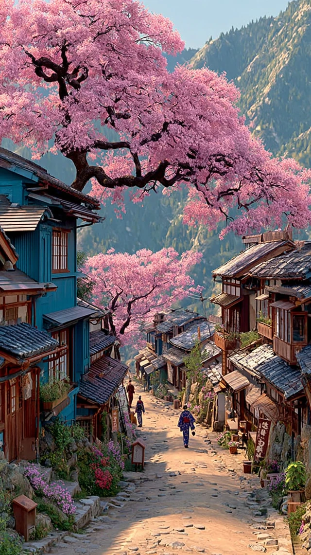 Japanese Village Cherry Blossoms Edo Period