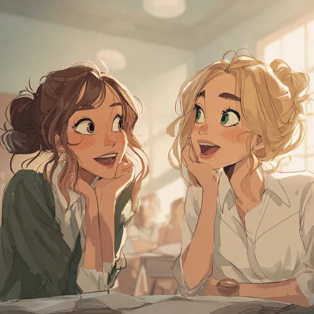 Two Girls Chatting in Classroom Illustration