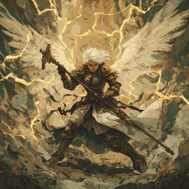 Fantasy Angel Woman with Lightning and Mace Battle Art