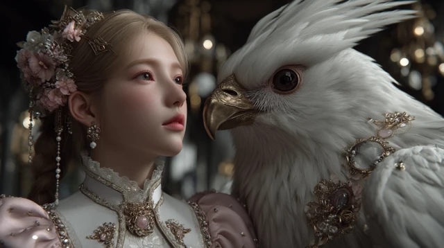 Fantasy Scene: Mythical Magpie and Korean Woman