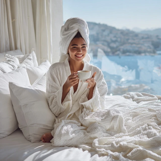Woman in Robe Enjoying Coffee in Bed Comfort Cozy