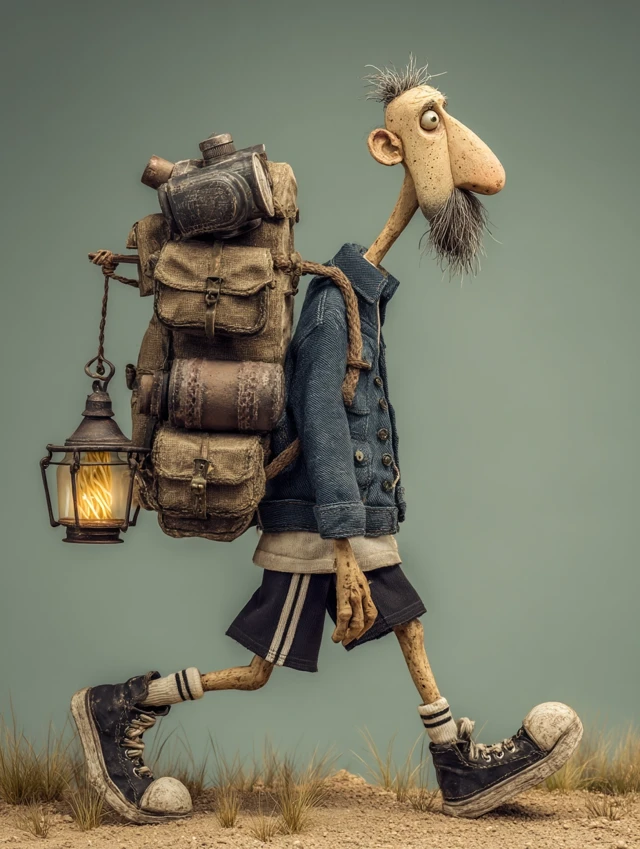 Stylized Cartoon Man with Backpack in Meadow