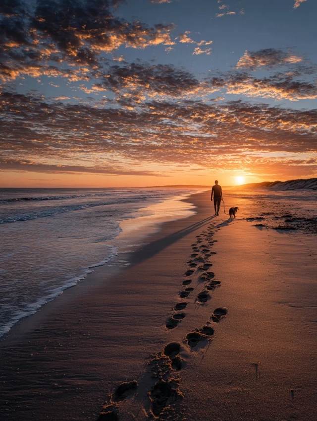 Sunrise Beach Walk Woman Dog Footprints Canon R5