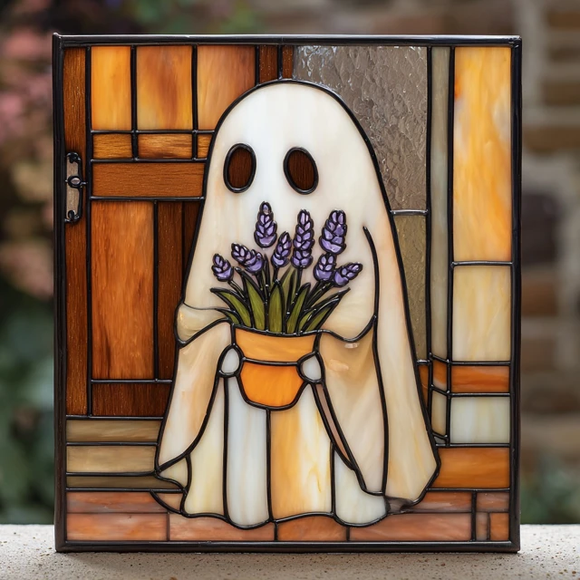 Stained Glass Ghost with Lavender A Cozy Halloween Artwork