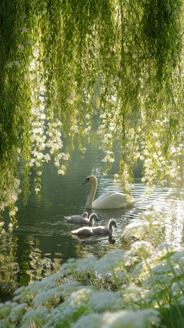 Swans and Cygnets on a Pond Nature Photography