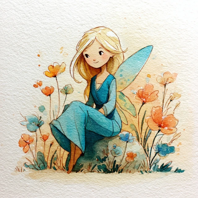 Fairy in Blue Dress Watercolour Illustration for Children