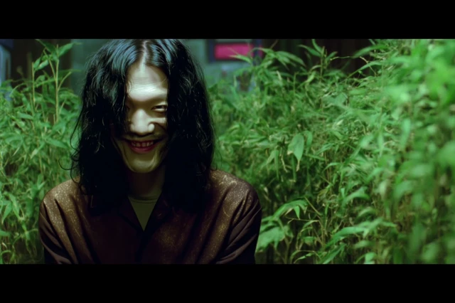 Eerie 90s Scene of Me Mania Against Green Foliage