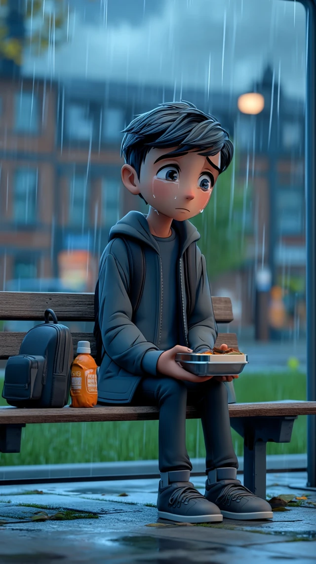 3D Cartoon Schoolboy in Rain Emotional Story
