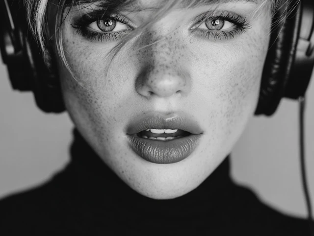 Beautiful Singer in Headphones Black and White Portrait
