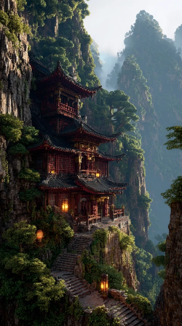 Chinese Daoist Temple on Misty Mountain Peak