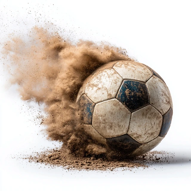 Soccer Ball Smashing Through Dust on White