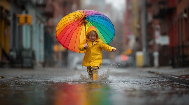 Childs Joyful Puddle Play Rainbow Umbrella Street Photo