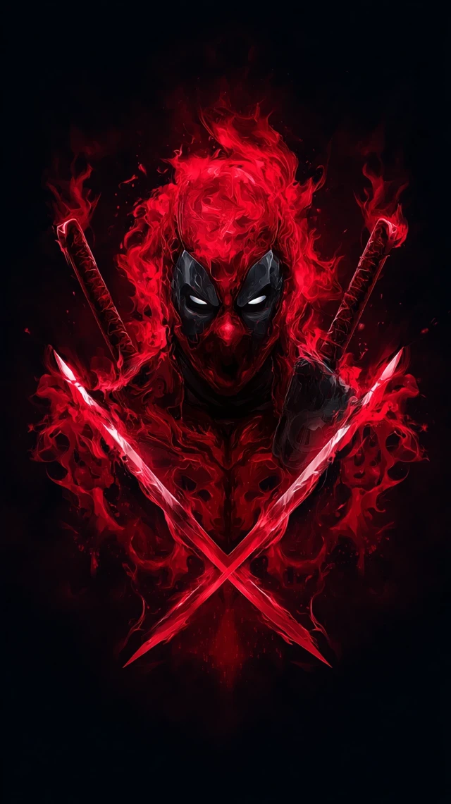 Deadpool Digital Art Fiery Red with Katanas