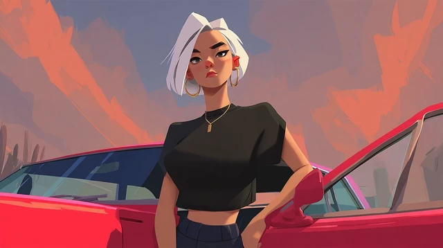 Disney Style Woman and Car Illustration