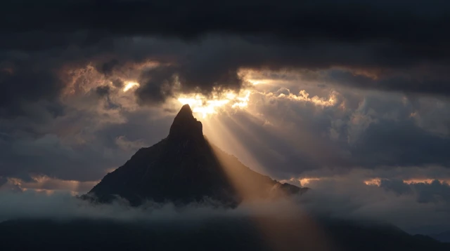 Mountain Peak Under Golden Sky Godlike Scene