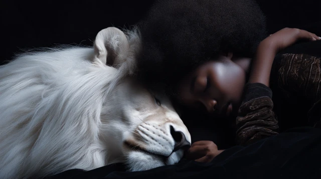 Girl and White Lion Sleeping Realistic Photo