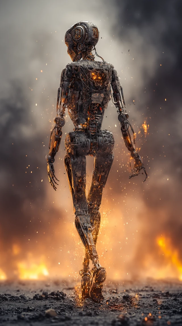 Terminator Robot in Fiery Battlefield