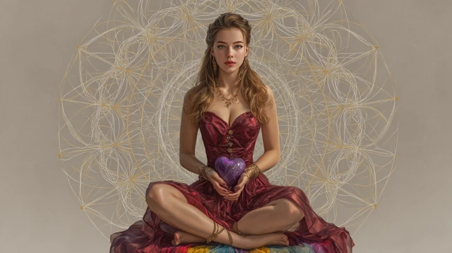 Beautiful Girl on Rainbow Holding Heart Art