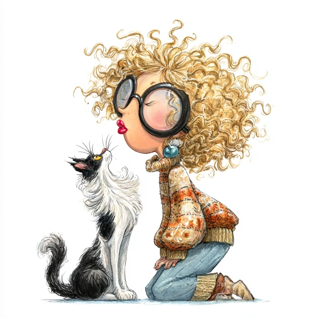 Girl and Cat Caricature Josh Kirby Art